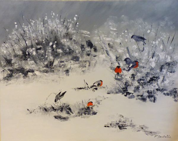 Paysage d'hiver - Bouvreuils pivoine