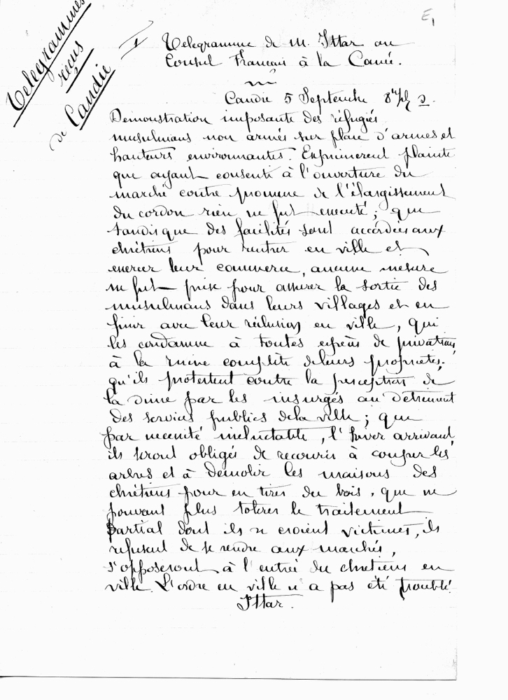 5/09/1898 Affaire de Candie Télégramme du Vice-consul de France à Candie au Consul de France à La Canée